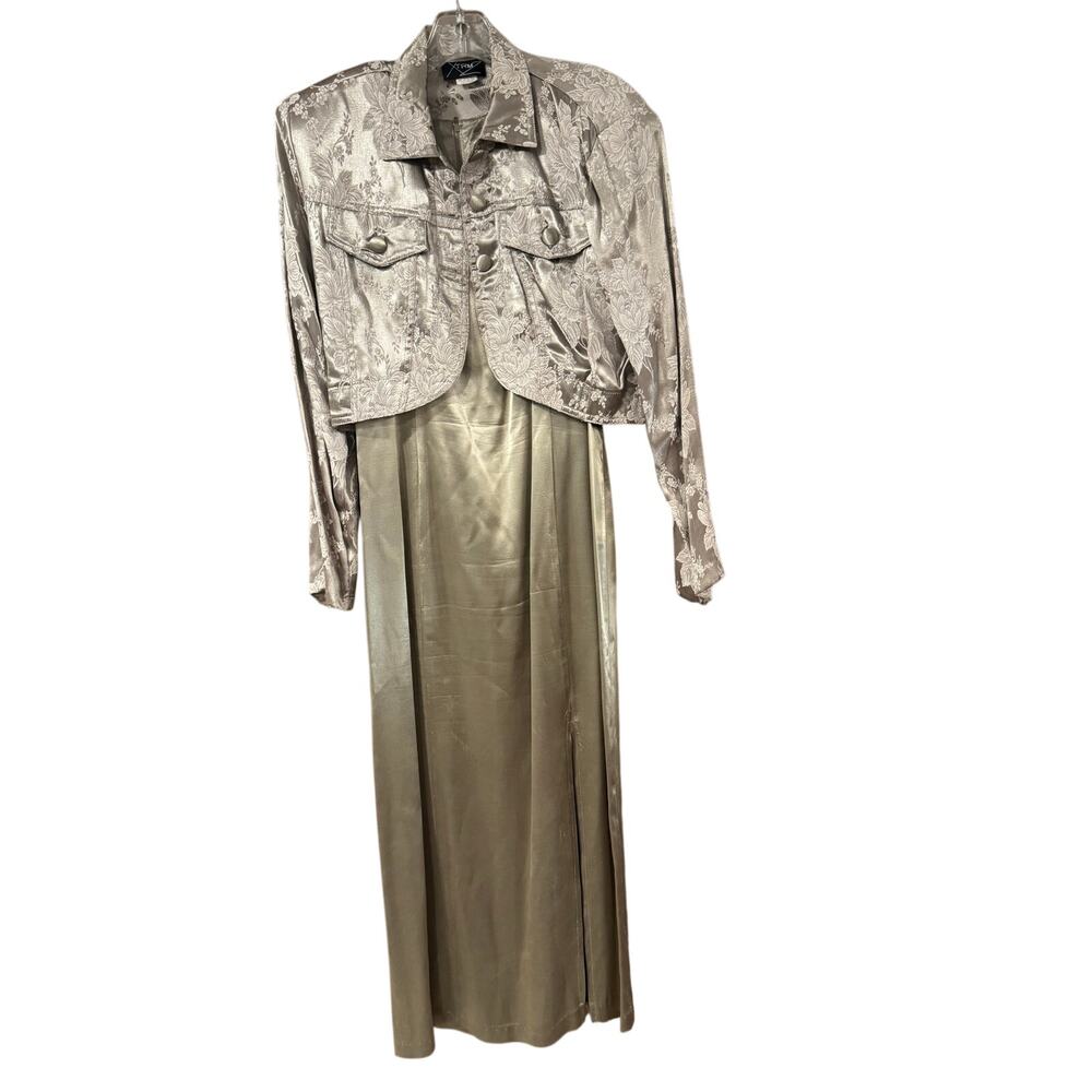 XTRM 2-Piece Formal Dress & Jacket Set Champagne Jacquard Maxi Gown Made USA ~ M